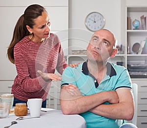 Unhappy family couple discussion while quarrel in home interior