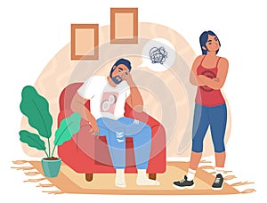 Unhappy family couple having relationship problems. Marriage conflict, crisis, disagreement divorce, vector illustration