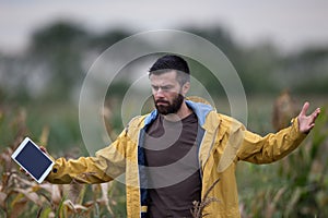 Unhappy farmer in corn field