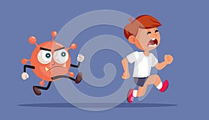 Stressed Little Boy Running Away from a Virus vector Cartoon