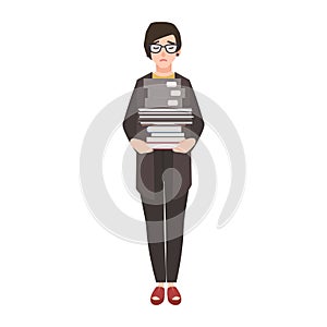 Unhappy female clerk, employee or businesswoman holding stack of folders and documents. Sad, tired or exhausted woman at