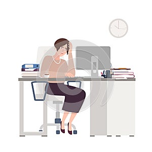 Unhappy female clerk sitting at desk. Sad, tired or exhausted woman at office. Stressful work, stress at workplace. Busy