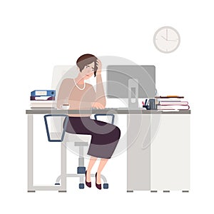 Unhappy female clerk sitting at desk. Sad, tired or exhausted woman at office. Stressful work, stress at workplace. Busy photo