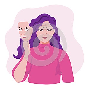 Unhappy female wearing smiling mask vector graphic illustration