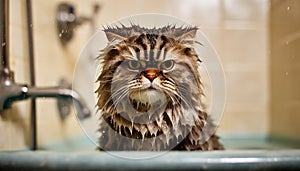 Unhappy funny wet cat in bathtub, Hairdresser doing beauty care angry wet relaxing a bath or beauty salon for boring