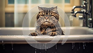 Unhappy funny wet cat in bathtub, Hairdresser doing beauty care angry wet relaxing a bath or beauty salon for boring