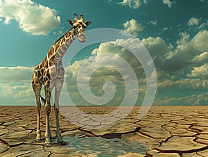 Unhappy giraffe in the desert. Dry cracked soil with a small puddle of water. Image for environmental awareness and climate