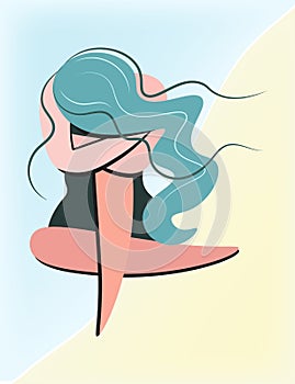 Unhappy girl cries, suffers. Cartoon sad woman sitting hugging her knees. Concept of grief, loss, grief, pain, death for