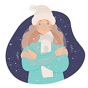 Unhappy girl freezing wearing and shivering under snow. Cartoon flat vector illustration. Winter season and suffering of