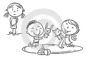 Unhappy girl watching other kids playing, preschoolers socialization problems, outline cartoon illustration