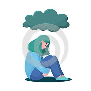 Unhappy girl, woman sitting under raining cloud