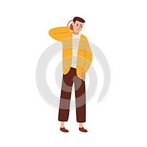 Unhappy guy suffering from neck pain vector flat illustration. Upset man feeling muscle or joint injury isolated on