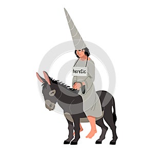 An unhappy heretic in a cone cap rides a donkey.