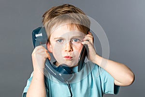 Unhappy kid listening to two voices for burnout communication concept