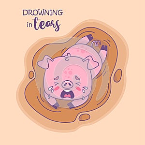 Unhappy little pig lying in muddy puddle. Vector illustration. Card with cool funny cartoon kawaii animal character