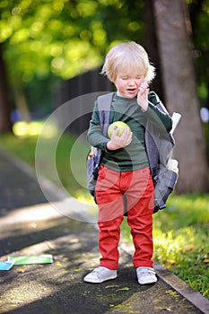 Unhappy little schoolboy on sunny autumn day. Back to school concept.