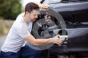 Unhappy Male Driver Inspecting Damaged Car After Accident