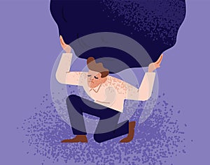 Unhappy man carrying giant heavy boulder or stone. Concept of overburdened person, guy overloaded with difficult problem photo