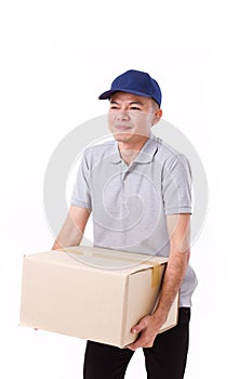 Unhappy man carrying heavy carton box or cardboard box