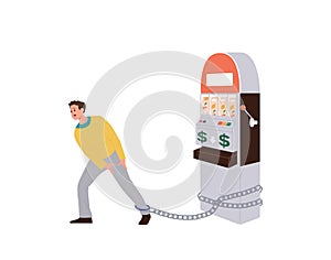 Unhappy man cartoon character chained to casino slot machine suffering from gambling addiction