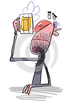 Unhappy Man Drinking Beer. Comic Character. Illustration