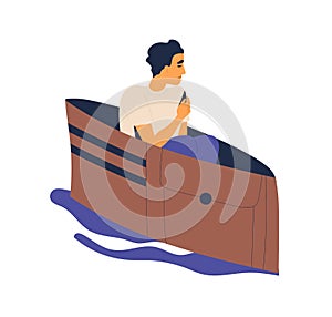 Unhappy man floating on pond in empty wallet vector flat illustration. Poor male loss wealth feeling lack of money