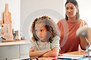 Unhappy, moody and angry little girl standing with arms crossed and looking upset while ignoring her mom. Upset, naughty