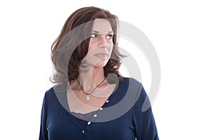 Unhappy older woman face isolated on white.