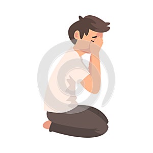 Unhappy Sad Boy Sitting on Floor and Closed Face by Hands, Depressed Teenager Having Problems Vector Illustration