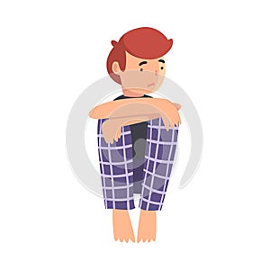 Unhappy Sad Boy Sitting on Floor, Depressed Teenager Having Problems, Front View Vector Illustration