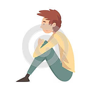 Unhappy Sad Boy Sitting on Floor, Depressed Teenager Having Problems, Side View Vector Illustration