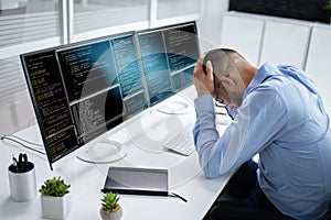 Unhappy Sad Developer Programmer Man In Stress Coding Software