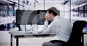 Unhappy Sad Developer Programmer Man In Stress Coding Software