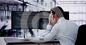 Unhappy Sad Developer Programmer Man In Stress Coding Software