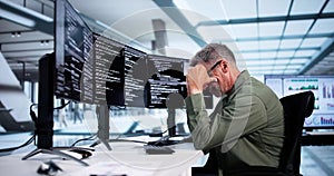 Unhappy Sad Developer Programmer Man In Stress Coding Software