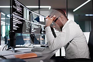 Unhappy Sad Developer Programmer Man In Stress Coding Software