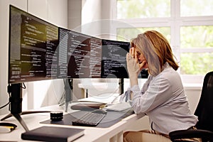 Unhappy Sad Developer Programmer Woman In Stress Coding Software