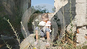 Unhappy Sad Kid, Abandoned Child in Demolished House, Homeless Girl Children