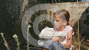 Unhappy Sad Kid, Abandoned Child in Demolished House, Homeless Girl Children