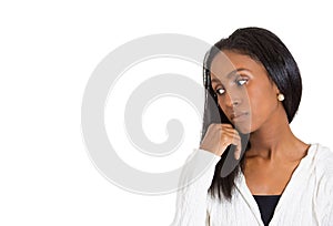 Unhappy sad stressed woman looking down away thinking