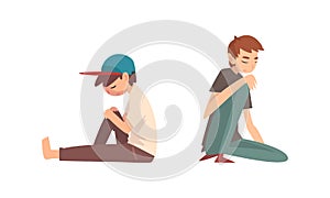 Unhappy Sad Teen Boy Sitting on Floor Feeling Depressed and Lonely Vector Set