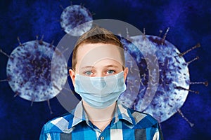 Unhappy, sad young boy wearing a protective face mask prevent virus infection or pollution