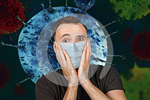 Unhappy, sad young man wearing a protective face mask prevent virus infection or pollution