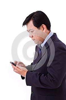 Unhappy senior businessman receiving bad news via smartphone app