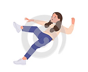 Unhappy slipped tripped girl kid cartoon character falling down on walk outdoors vector illustration