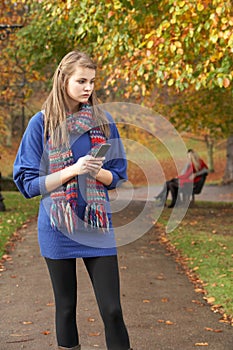 Unhappy Teenage Girl Standing In Autumn Park