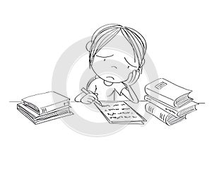 Unhappy and tired girl preparing for school exam, writing homework, feeling sad and bored - original hand drawn illustration