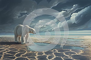 Unhappy white bear stands on dry empty ocean floor. Small puddle of disappearing sea. Image for environmental awareness and
