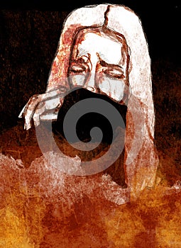 Unhappy woman cries, suffers. Pencil hand drawn face sad woman covers her mouth with her sleeve.. Concept of war, fire