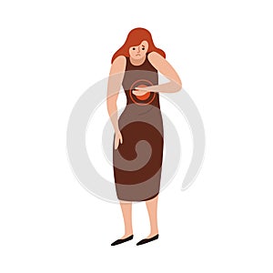 Unhappy woman feeling pain in chest vector flat illustration. Unwell female with painful face expression having disease